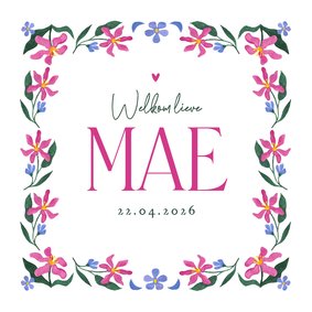Geboortekaartje hip trend bloemen kader waterverf roze