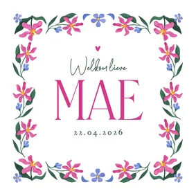 Geboortekaartje hip trend bloemen kader waterverf roze