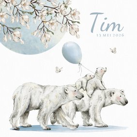 Geboortekaartje ijsbeer familie onder de maan en bloemen