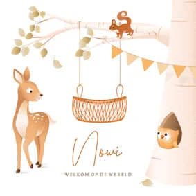 Geboortekaartje illustratie bosdieren met rotan baby mandje