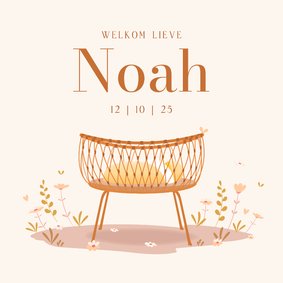 Geboortekaartje illustratie rotan wiegje pas geboren kindje