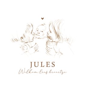 Geboortekaartje in sepia pentekening derde kindje