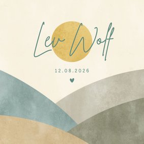 Geboortekaartje jongen met heuvels, zon en hartje