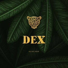 Geboortekaartje jungle bladeren met panter silhouet goud