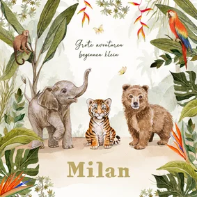 Geboortekaartje jungle dieren schattig waterverf illustratie