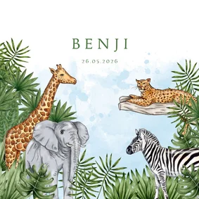 Geboortekaartje jungle dieren waterverf blauw