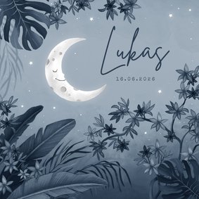 Geboortekaartje jungle nacht maan sterren blauw vintage