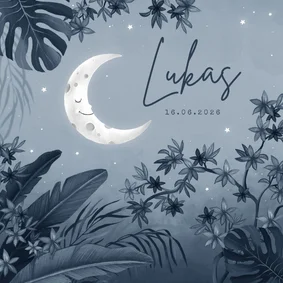 Geboortekaartje jungle nacht maan sterren blauw vintage