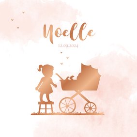 Geboortekaartje kinderwagen met zusje silhouet