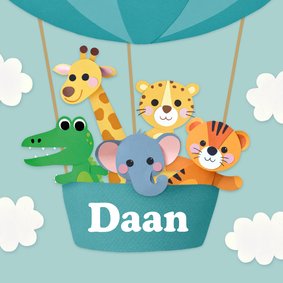 Geboortekaartje knuffel dieren in luchtballon blauw