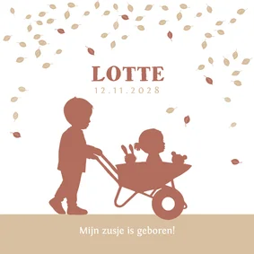 Geboortekaartje kruiwagen met zusje in kraftkleur