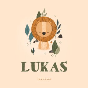 Geboortekaartje leeuw met jungle bladeren lief