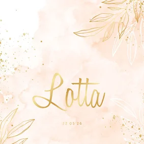 Geboortekaartje lief roze waterverf met blaadjes