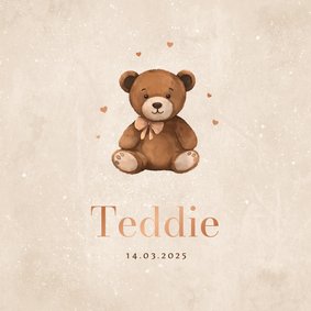 Geboortekaartje lief teddybeertje hartjes neutraal koper