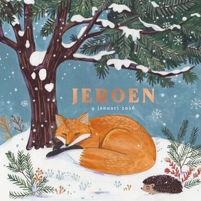 Geboortekaartje lief vosje slaapt onder een boom