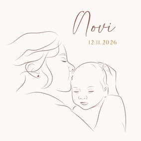 Geboortekaartje liefdevolle lijntekening moeder met baby