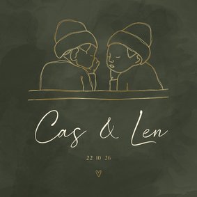 Geboortekaartje lijntekening van tweeling groene achtergrond