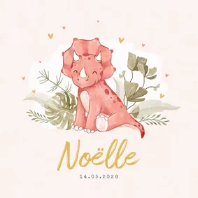 Geboortekaartje meisje dino triceratops hartjes goud