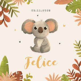 Geboortekaartje meisje jungle dier koala hartjes