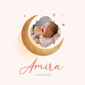 Geboortekaartje meisje maan sterren foto waterverf