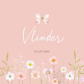 Geboortekaartje meisje met bloemen en vlinder