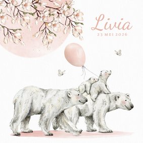 Geboortekaartje meisje met ijsbeer familie onder de zon