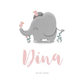 Geboortekaartje meisje met lieve olifant en vogeltjes