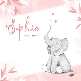 Geboortekaartje meisje olifant dieren roze illustratie