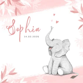 Geboortekaartje meisje olifant dieren roze illustratie