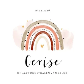 Geboortekaartje meisje regenboog waterverf lief hartjes