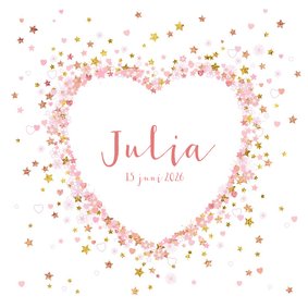 Geboortekaartje met een hart met vele hartjes en sterren