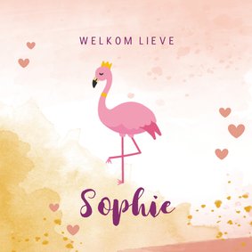 Geboortekaartje met flamingo illustratie en waterverf 