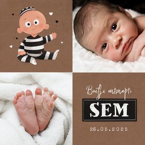 Geboortekaartje met foto lief babyboefje stoer crimineel