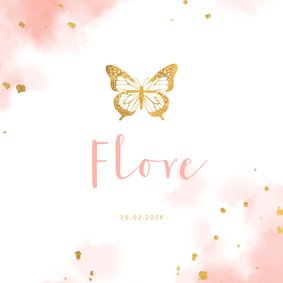 Geboortekaartje met gouden vlinder en waterverf