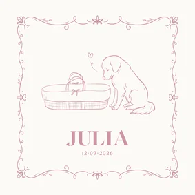 Geboortekaartje met illustratie hondje bij wieg roze