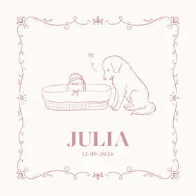 Geboortekaartje met illustratie hondje bij wieg roze