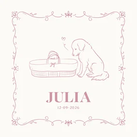 Geboortekaartje met illustratie hondje bij wieg roze