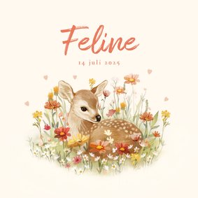 Geboortekaartje met jong hertje tussen de bloemen en hartjes
