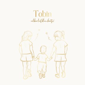 Geboortekaartje met lijntekening broertje met zussen goud