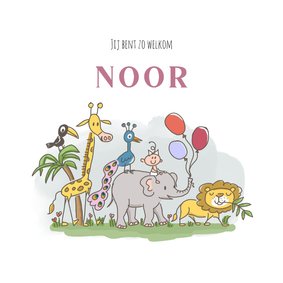 Geboortekaartje met meisje op olifant met wilde dieren