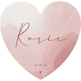 Geboortekaartje met roze waterverf en hartje in hartvorm