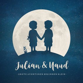 Geboortekaartje met silhouet van jongens tweeling in maan