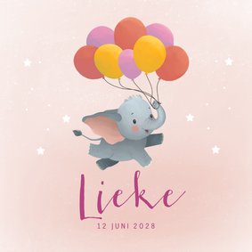 Geboortekaartje met vliegende olifant en ballonnen meisje