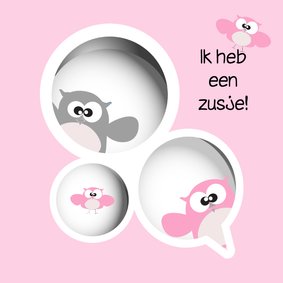 Geboortekaartje met zusje erbij - gezin uil van Mo Cards