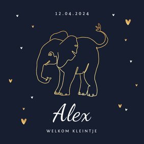 Geboortekaartje olifant jongen stijlvol goud lijntekening