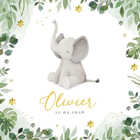 Geboortekaartje olifant jungle bloemen waterverf hartjes