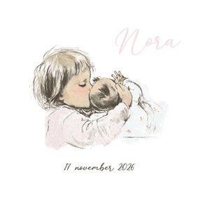 Geboortekaartje pentekening baby met grote zus in kleur