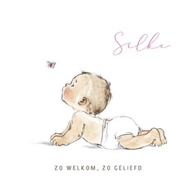 Geboortekaartje pentekening baby roze vlinder