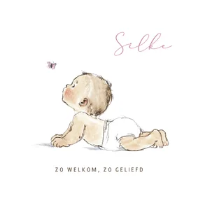 Geboortekaartje pentekening baby roze vlinder