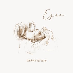 Geboortekaartje pentekening in sepia tweede kindje